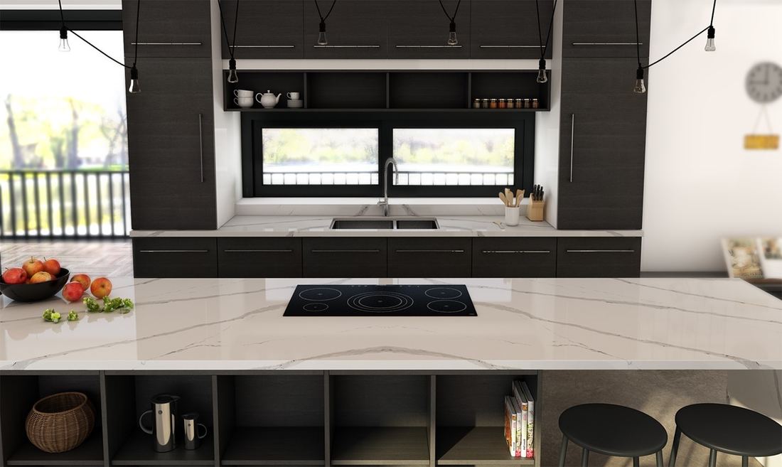 Arabescato quartz countertops installed in a home