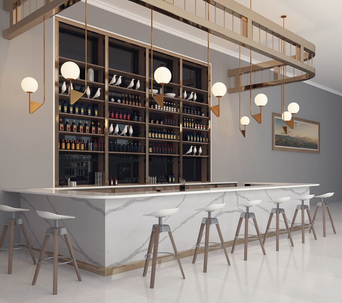 Arabescato quartz countertops installed in a home