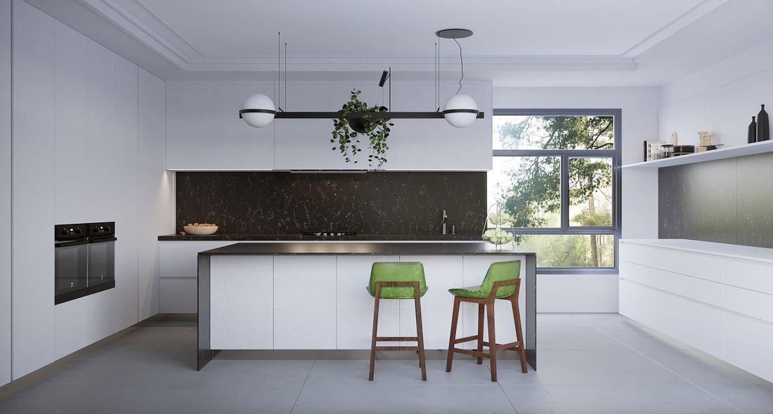 Java Noir quartz countertops installed in a home