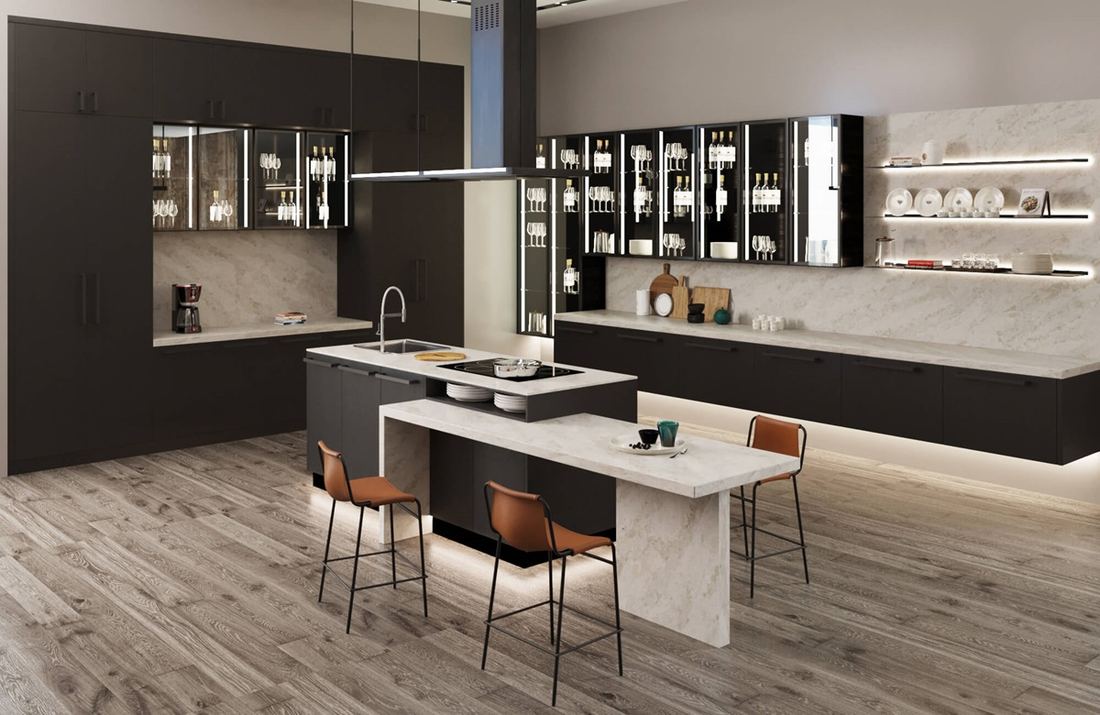 Madreperola quartz countertops installed in a home