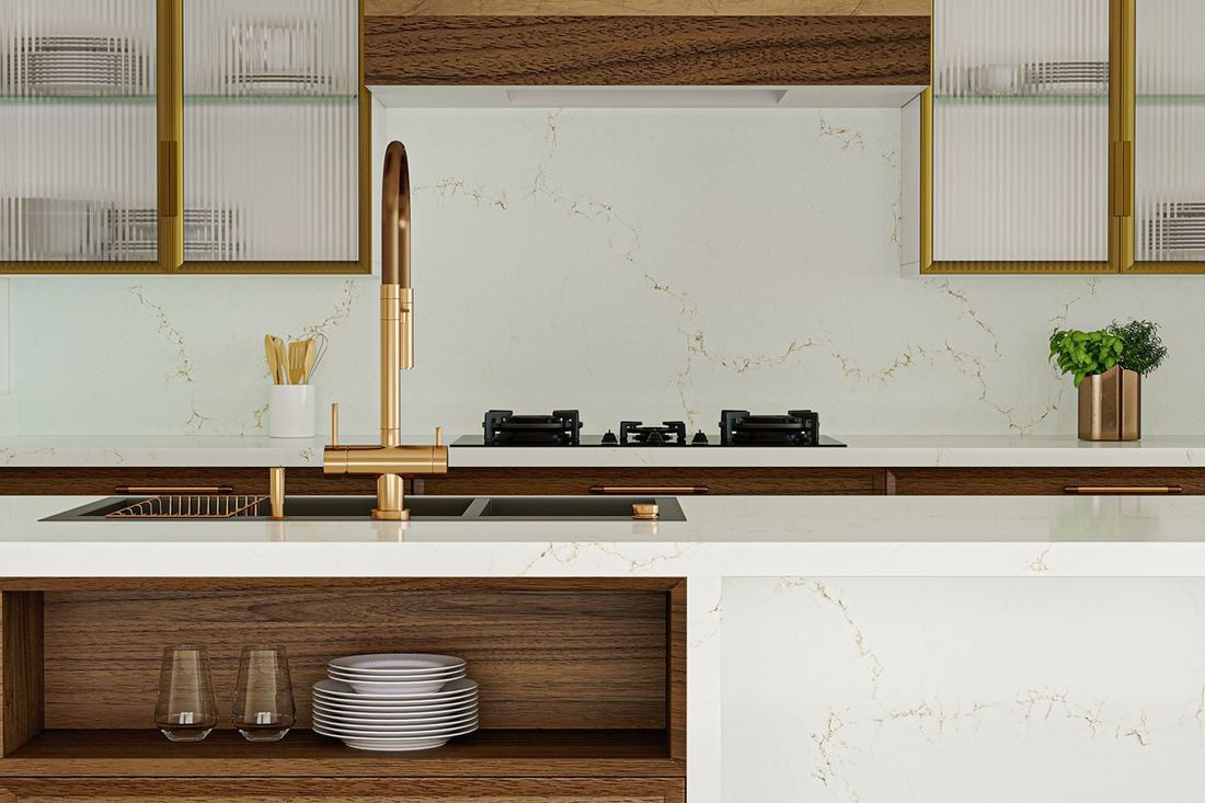 Misterio Gold quartz countertops installed in a home