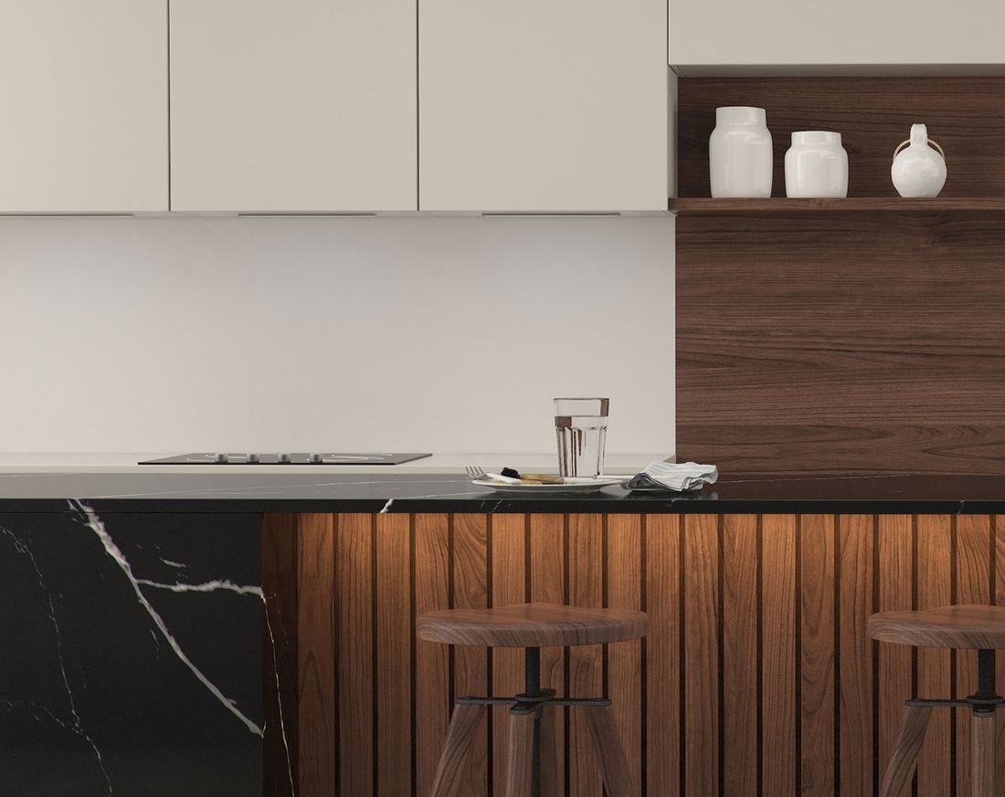 Nero Marquina quartz countertops installed in a home