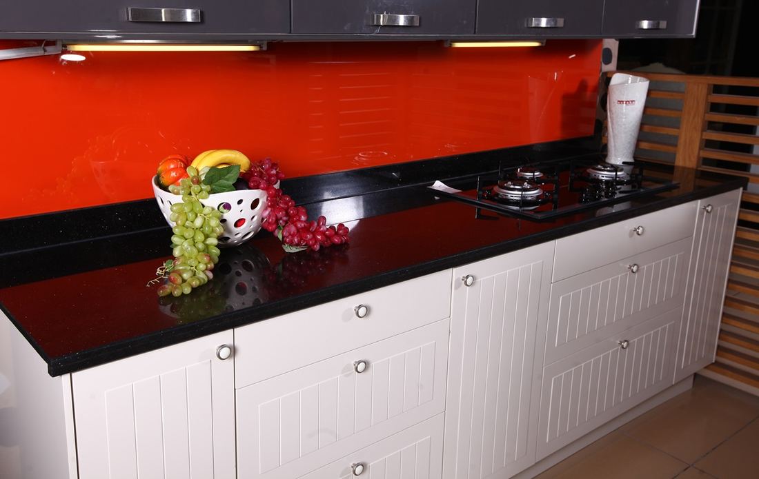 Sparkling Black quartz countertops installed in a home