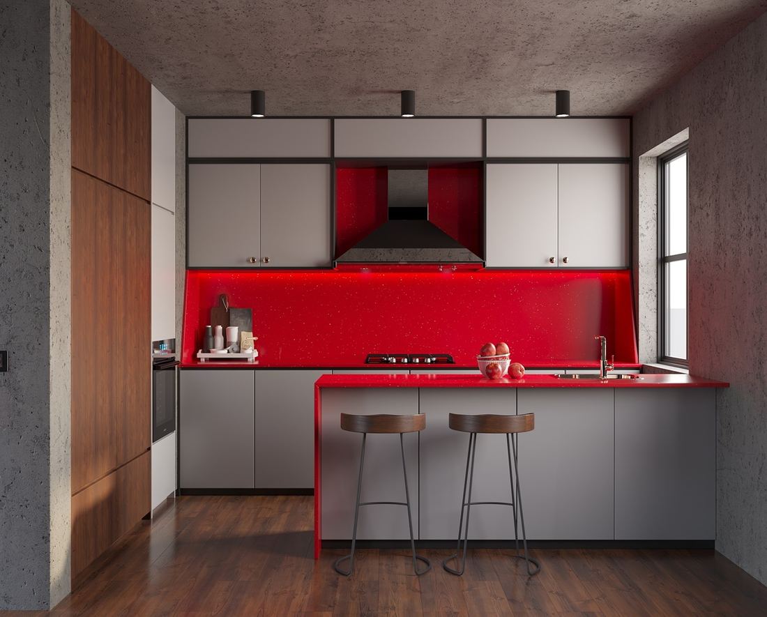 Sparkling Red quartz countertops installed in a home