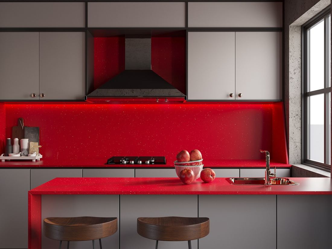 Sparkling Red quartz countertops installed in a home
