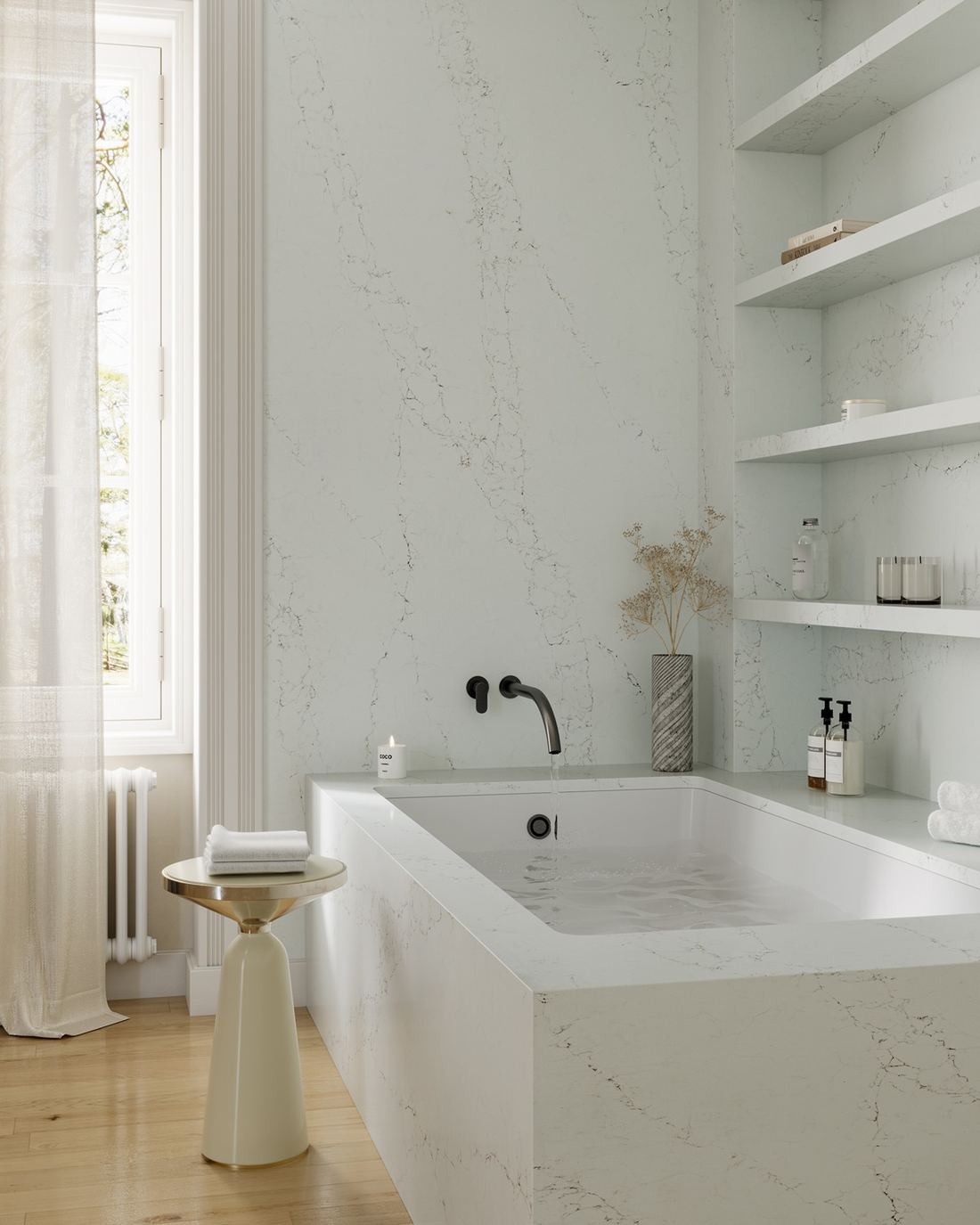Statuario quartz countertops installed in a home