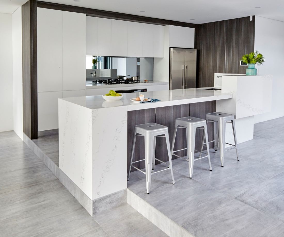 Statuario quartz countertops installed in a home